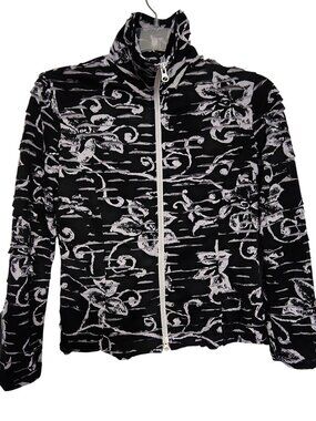 Clara S. Medium Zip Front Jacket, Black White Flower Textured Long Sleeve Spring